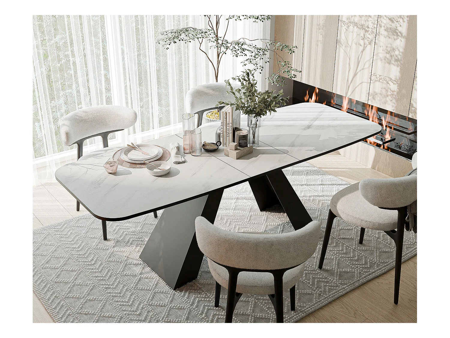 Table à manger extensible 160/198 en MDF, pieds en métal noir, marbre bianco