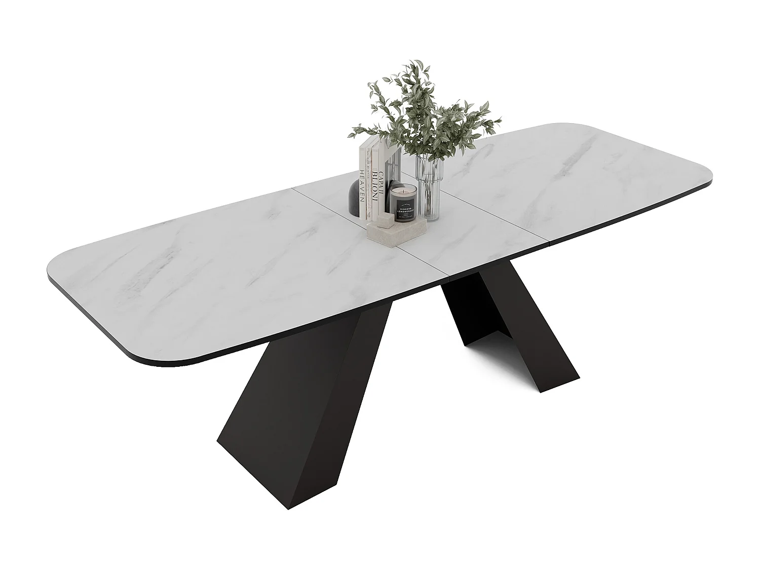 Table à manger extensible 160/198 en MDF, pieds en métal noir, marbre bianco