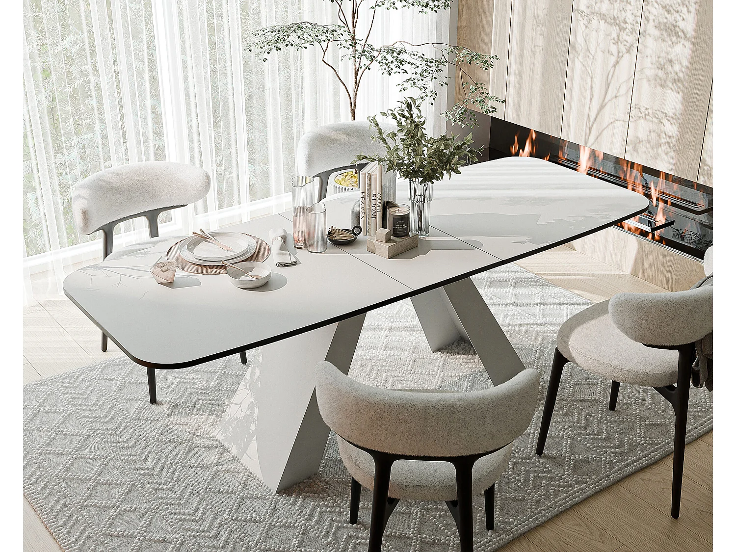 Table à manger extensible 180/218 en MDF, pieds en métal blanc, blanc arctique