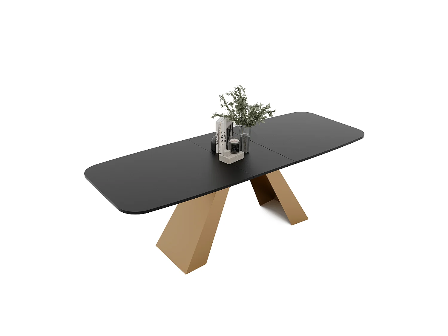 Table à manger extensible 180/218 en MDF, pieds en métal doré, molet noir