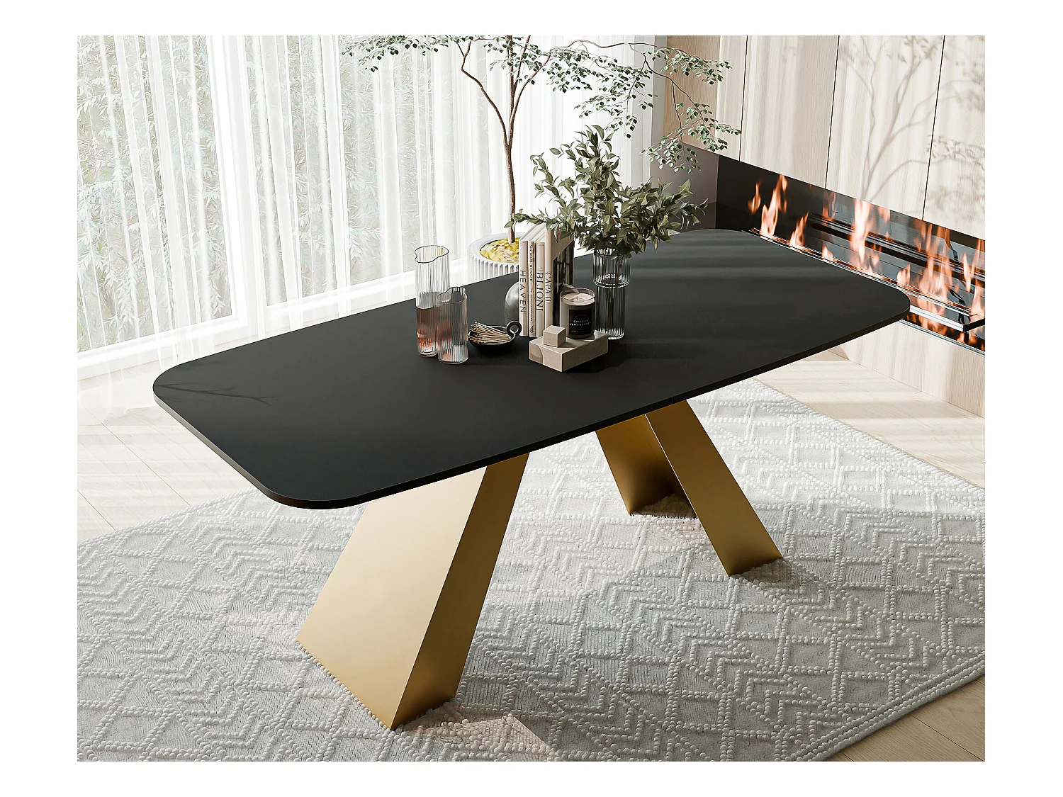 Table à manger extensible 180/218 en MDF, pieds en métal doré, molet noir