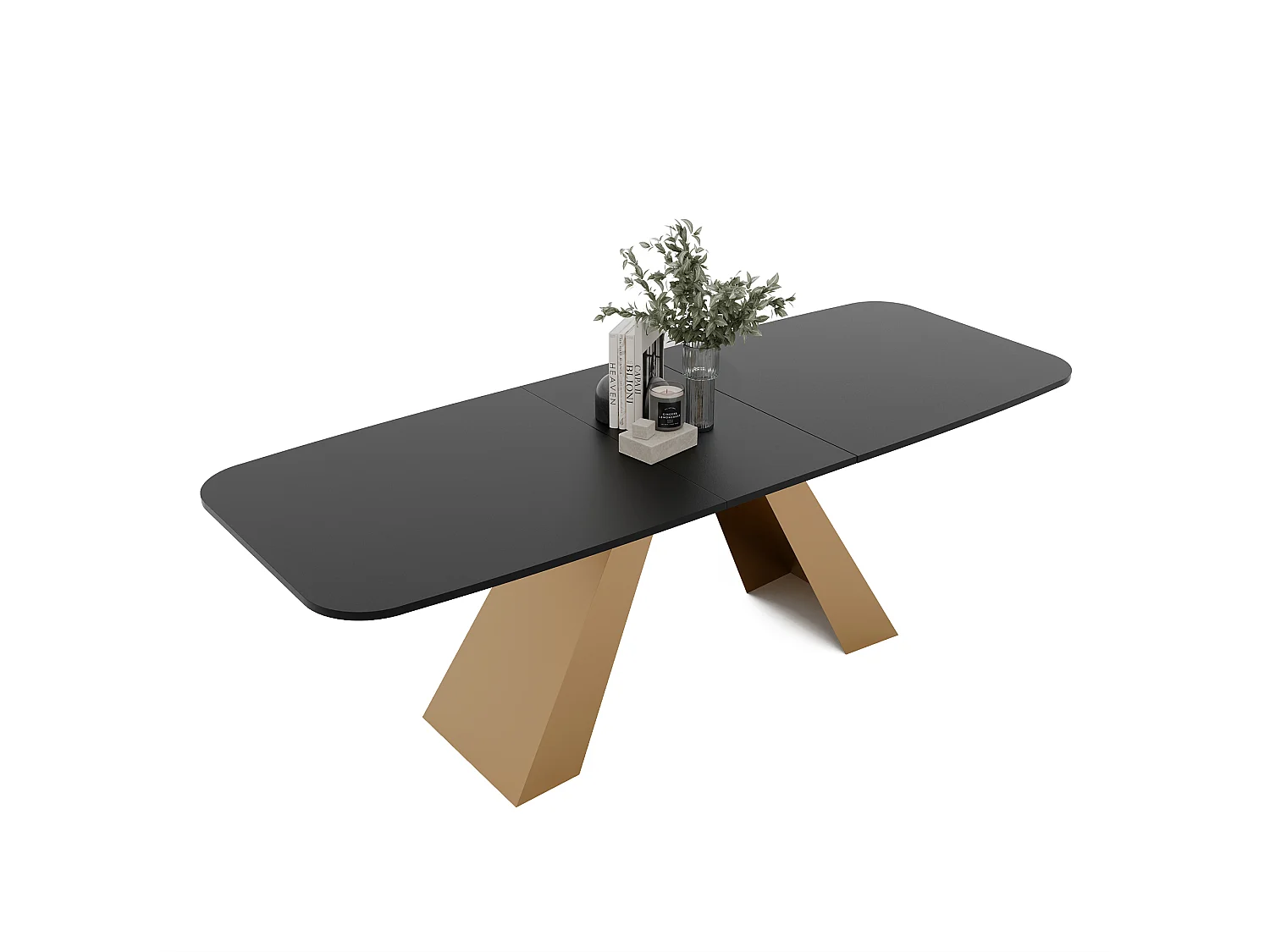 Table à manger extensible 180/218 en MDF, pieds en métal doré, molet noir