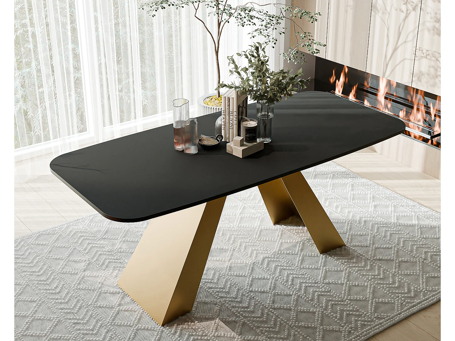 Table à manger extensible 180/218 en MDF, pieds en métal doré, molet noir