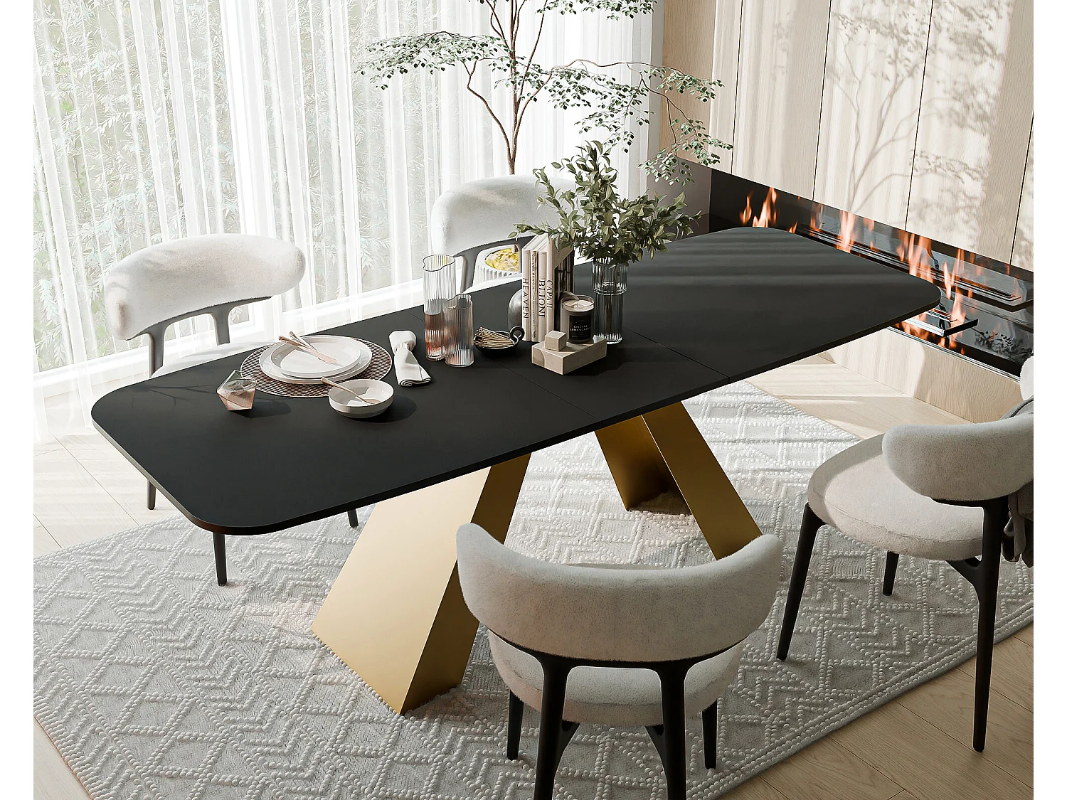 Table à manger extensible 180/218 en MDF, pieds en métal doré, molet noir