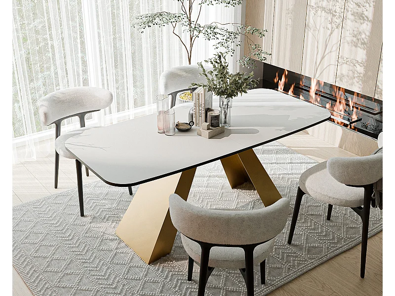 Table à manger extensible 160/198 en MDF, pieds en métal doré, blanc arctique