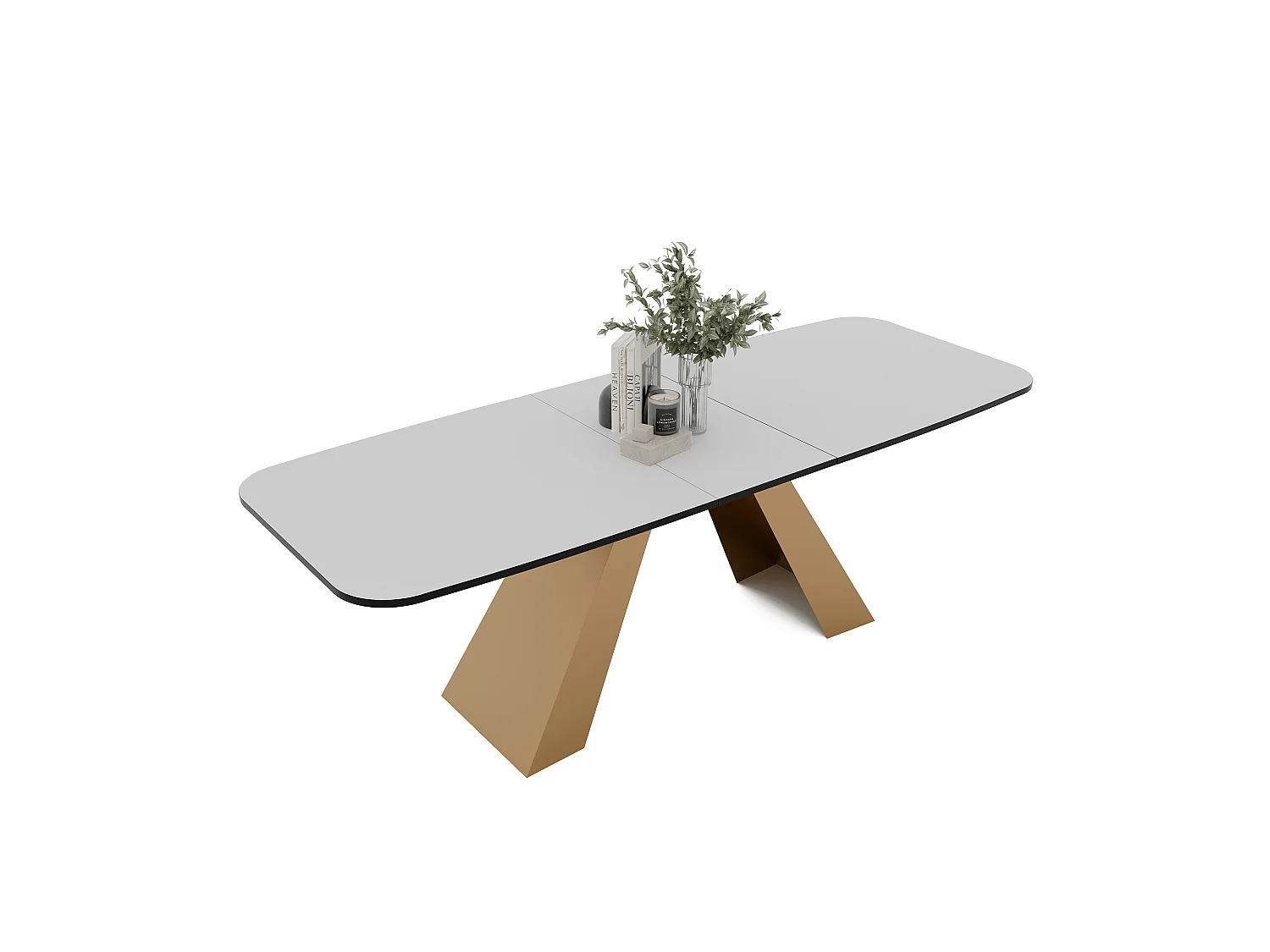 Table à manger extensible 160/198 en MDF, pieds en métal doré, blanc arctique
