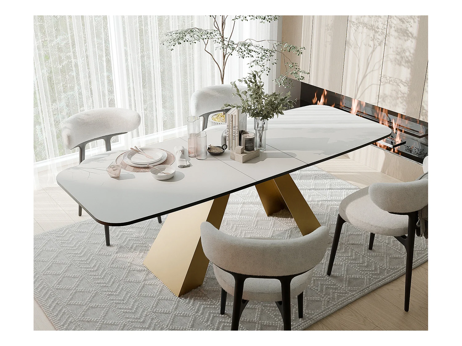 Table à manger extensible 160/198 en MDF, pieds en métal doré, blanc arctique