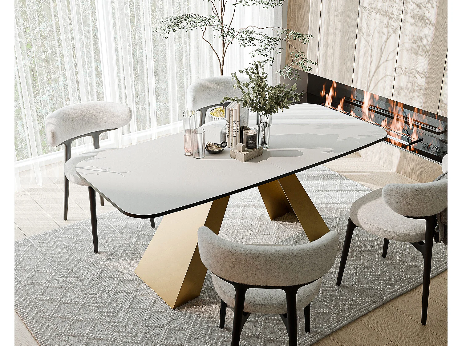 Table à manger extensible 160/198 en MDF, pieds en métal doré, blanc arctique