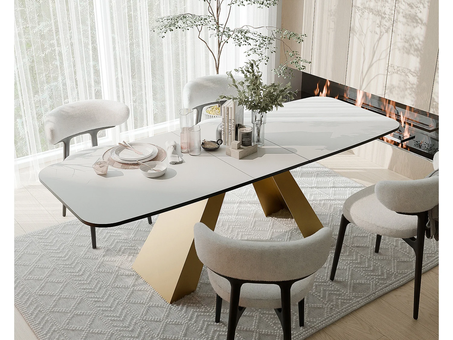 Table à manger extensible 160/198 en MDF, pieds en métal doré, blanc arctique