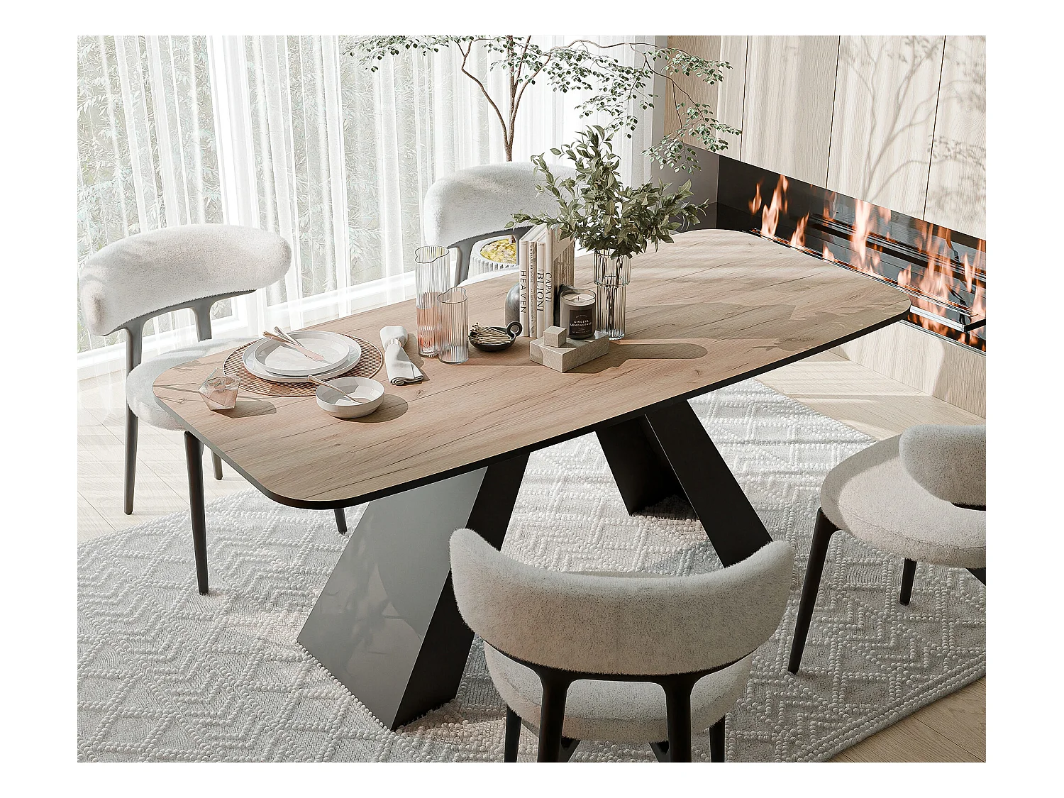 Table à manger extensible 160/198 en MDF, pieds en métal noir, chêne artisanal doré