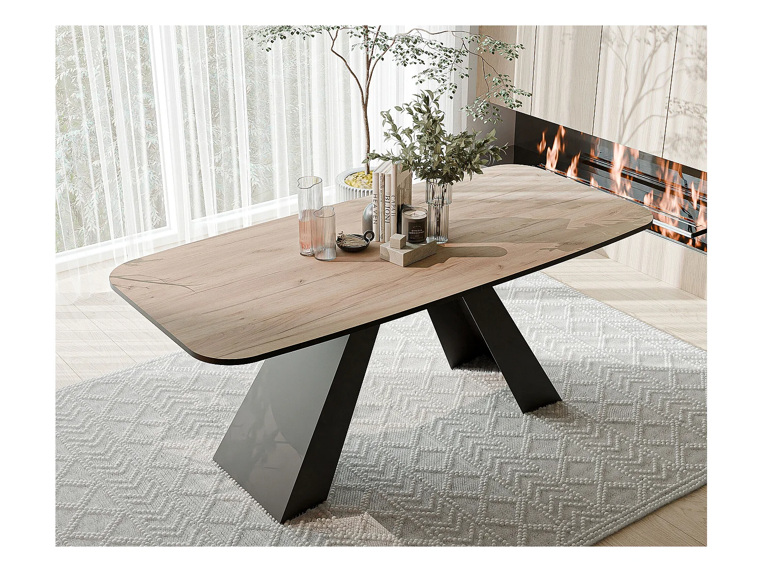 Table à manger extensible 160/198 en MDF, pieds en métal noir, chêne artisanal doré