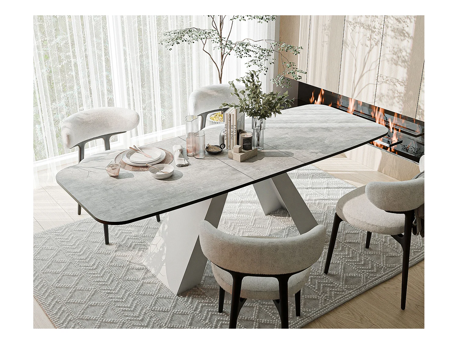 Table à manger extensible 160/198 en MDF, pieds en métal blanc, bellato gris