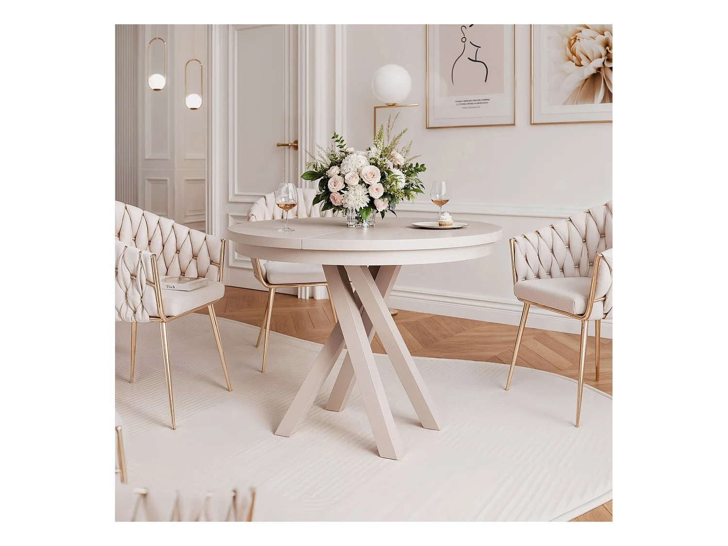 Table à manger extensible pour 4 personnes couleur cachemire avec pieds en métal - 100/140 cm - LORIEN