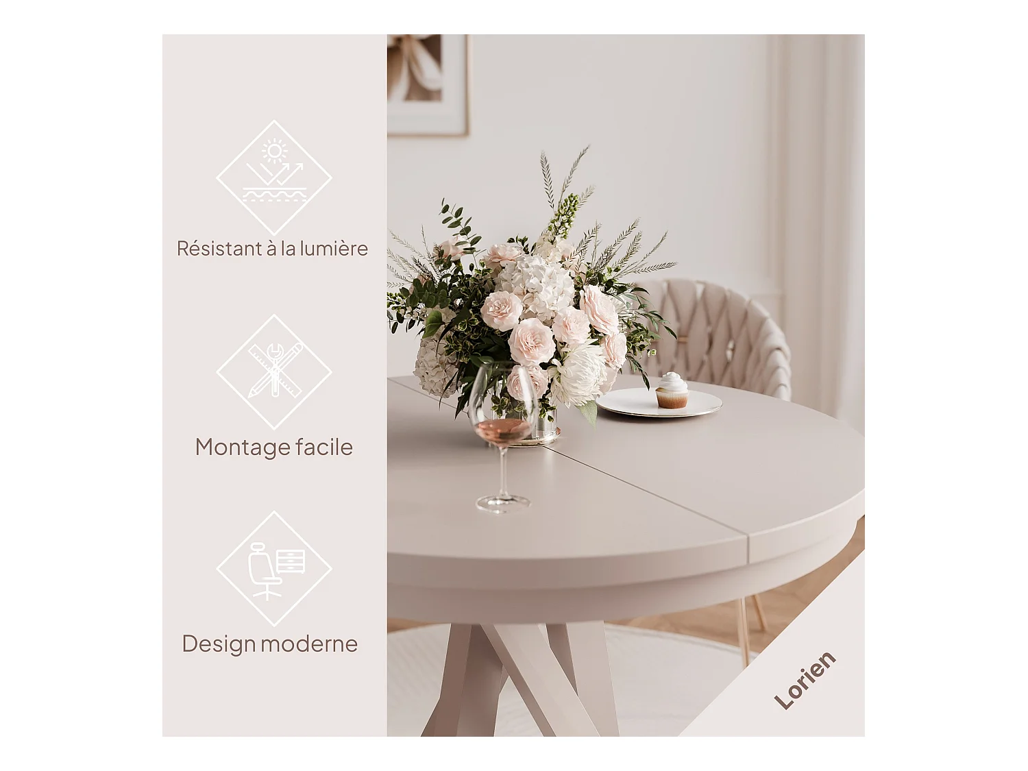 Table à manger extensible pour 4 personnes couleur cachemire avec pieds en métal - 100/140 cm - LORIEN