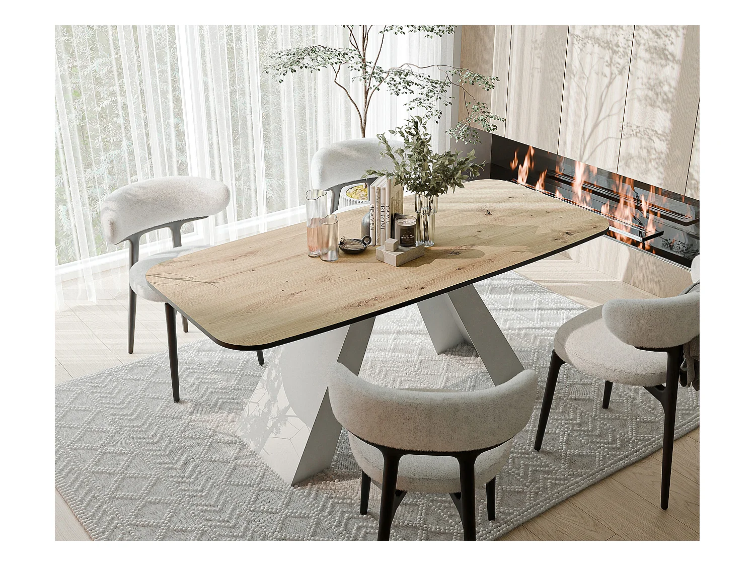 Table à manger extensible 160/198 en MDF, pieds en métal blanc, chêne artisanal