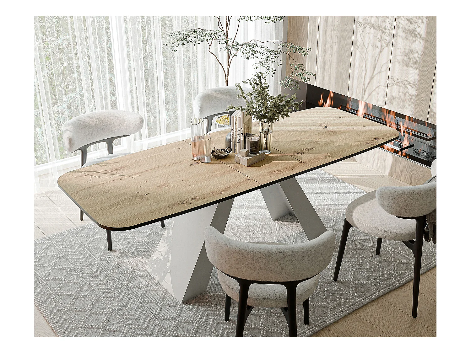 Table à manger extensible 160/198 en MDF, pieds en métal blanc, chêne artisanal