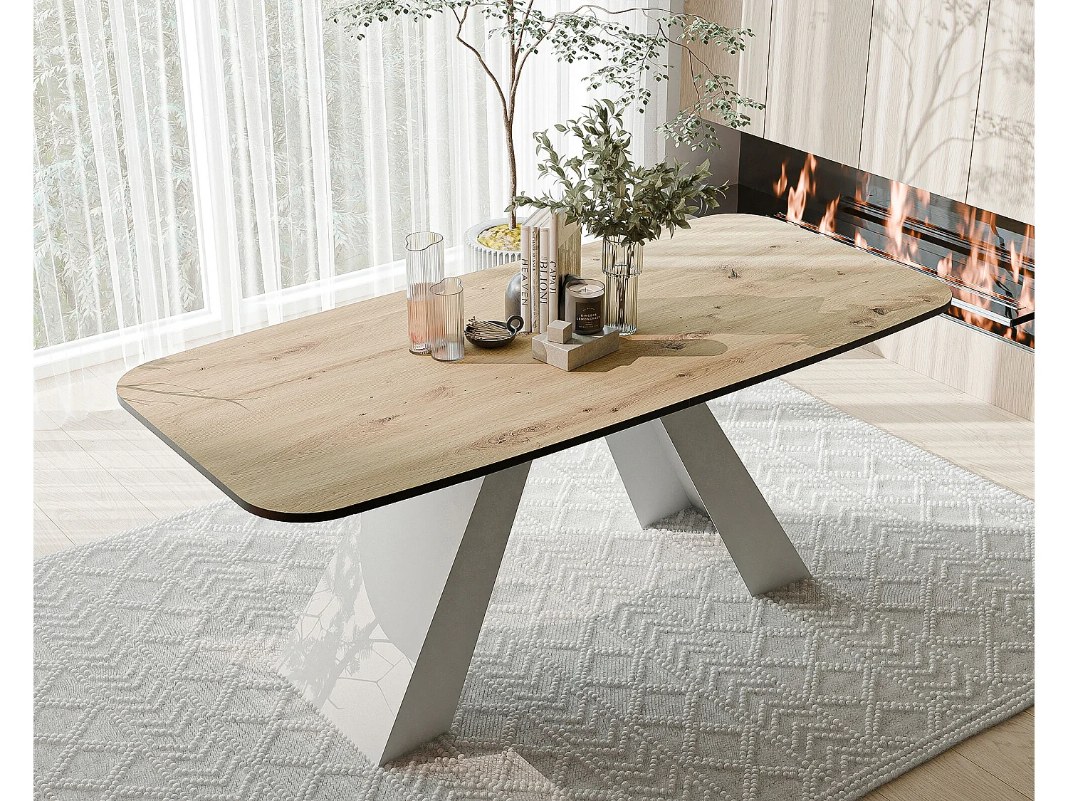 Table à manger extensible 160/198 en MDF, pieds en métal blanc, chêne artisanal