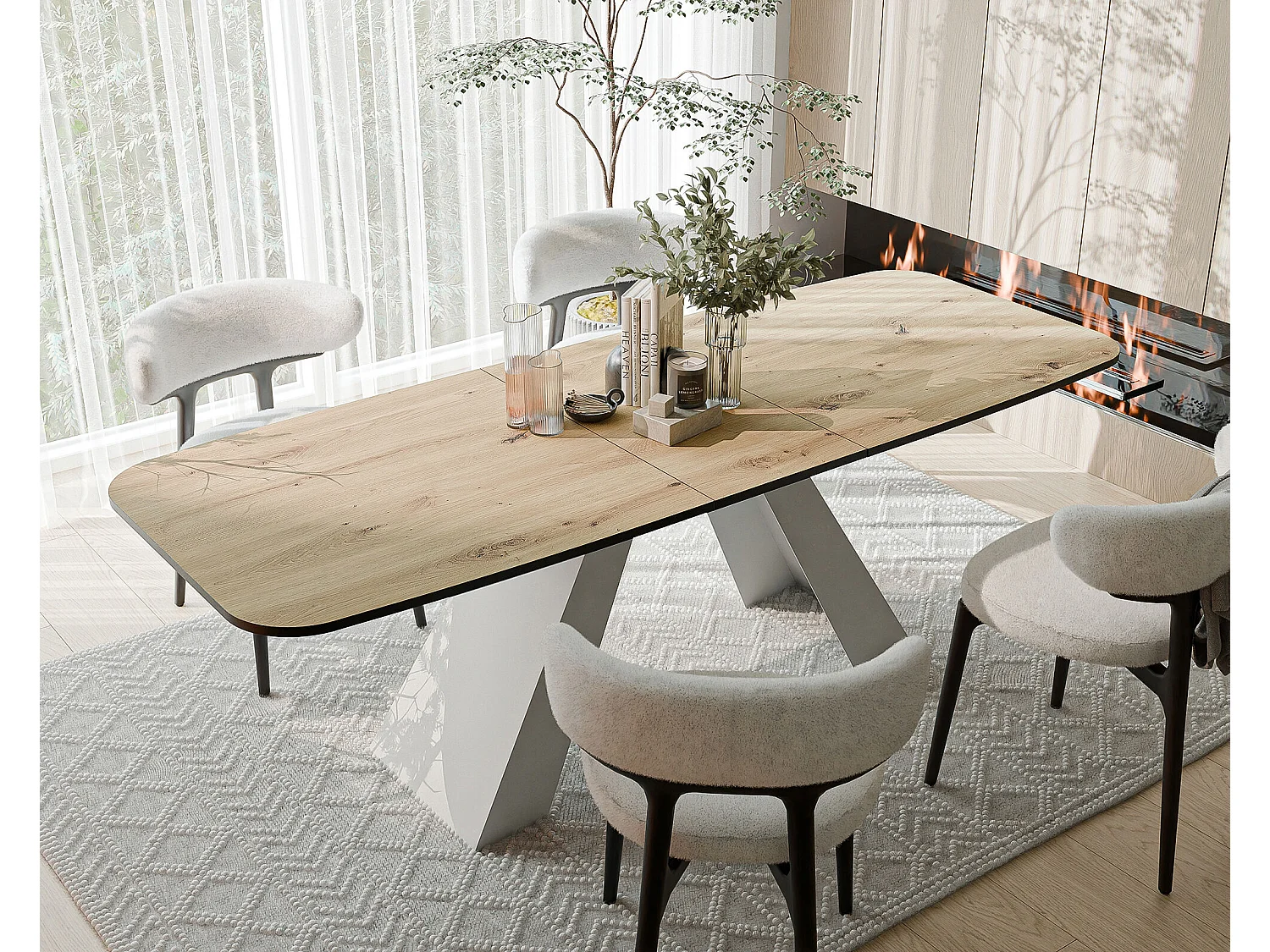 Table à manger extensible 160/198 en MDF, pieds en métal blanc, chêne artisanal