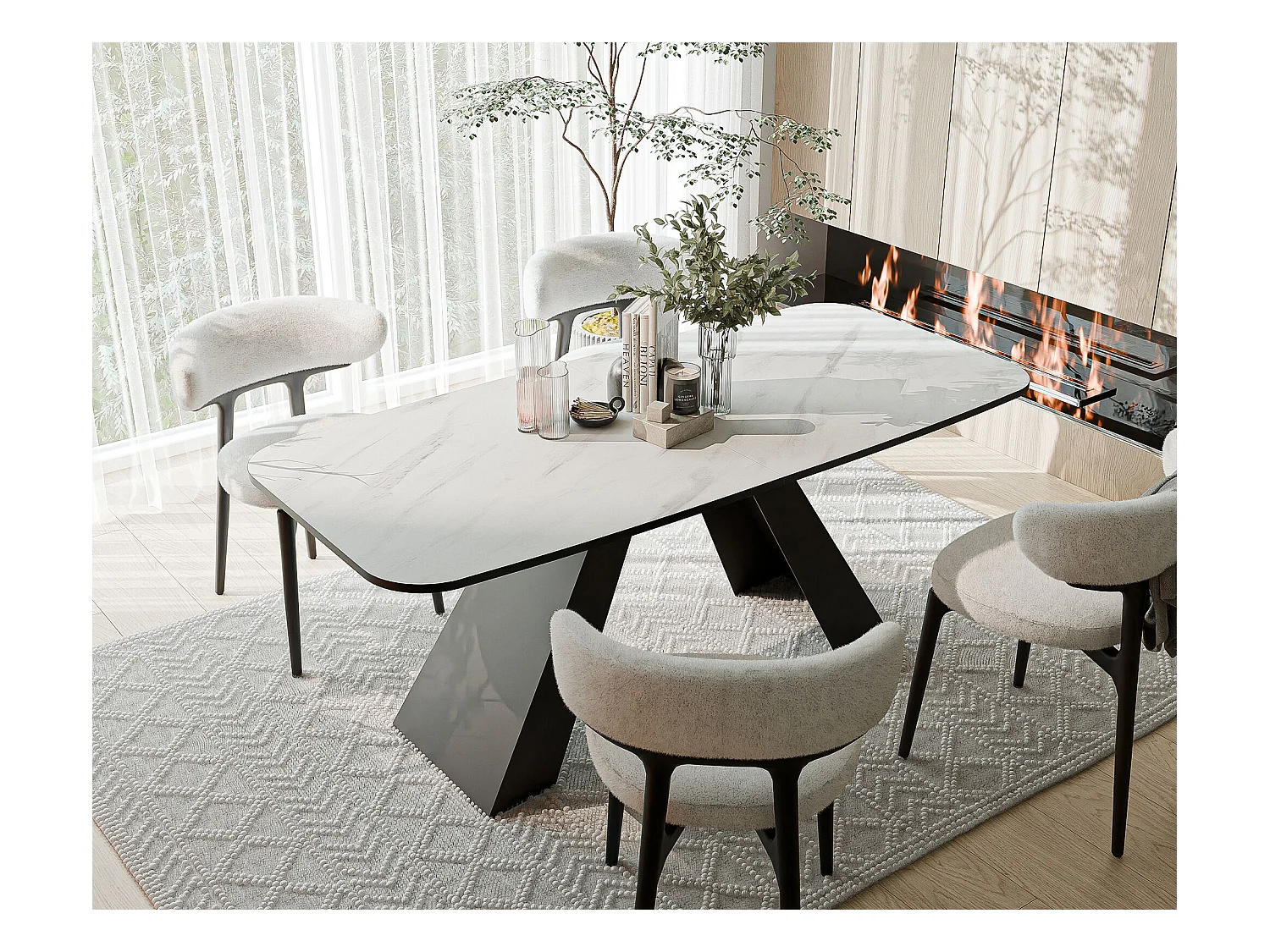 Table à manger extensible 180/218 en MDF, pieds en métal noir, marbre bianco