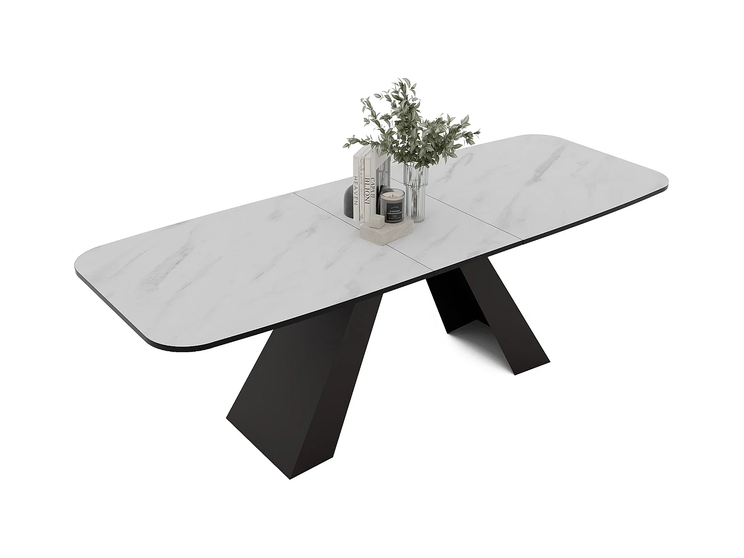 Table à manger extensible 180/218 en MDF, pieds en métal noir, marbre bianco