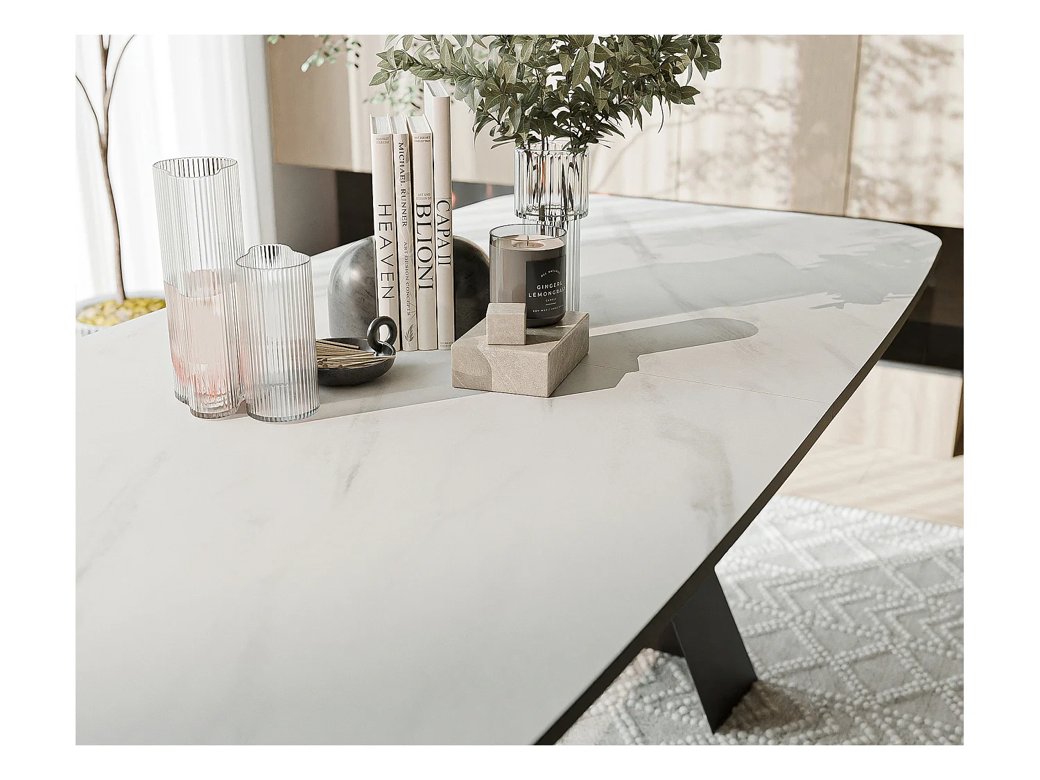 Table à manger extensible 180/218 en MDF, pieds en métal noir, marbre bianco