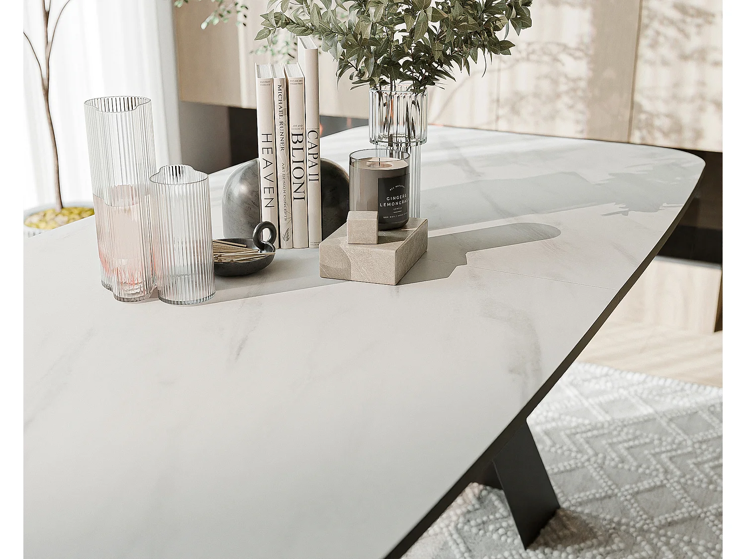 Table à manger extensible 180/218 en MDF, pieds en métal noir, marbre bianco