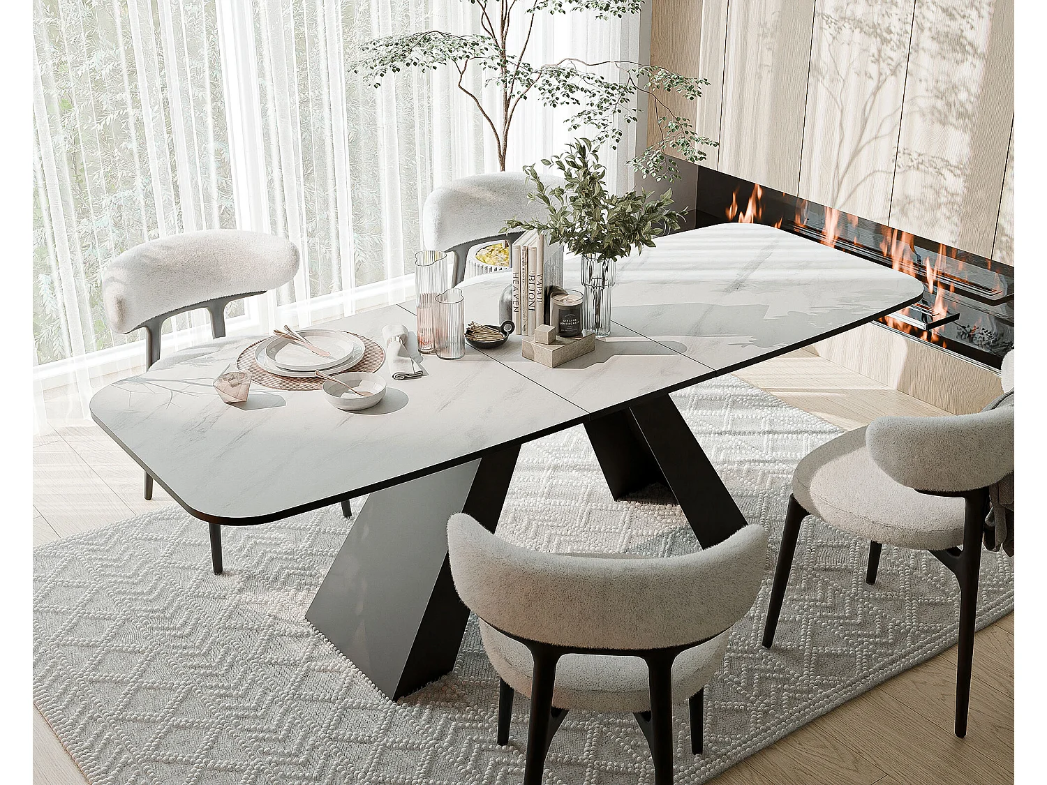 Table à manger extensible 180/218 en MDF, pieds en métal noir, marbre bianco