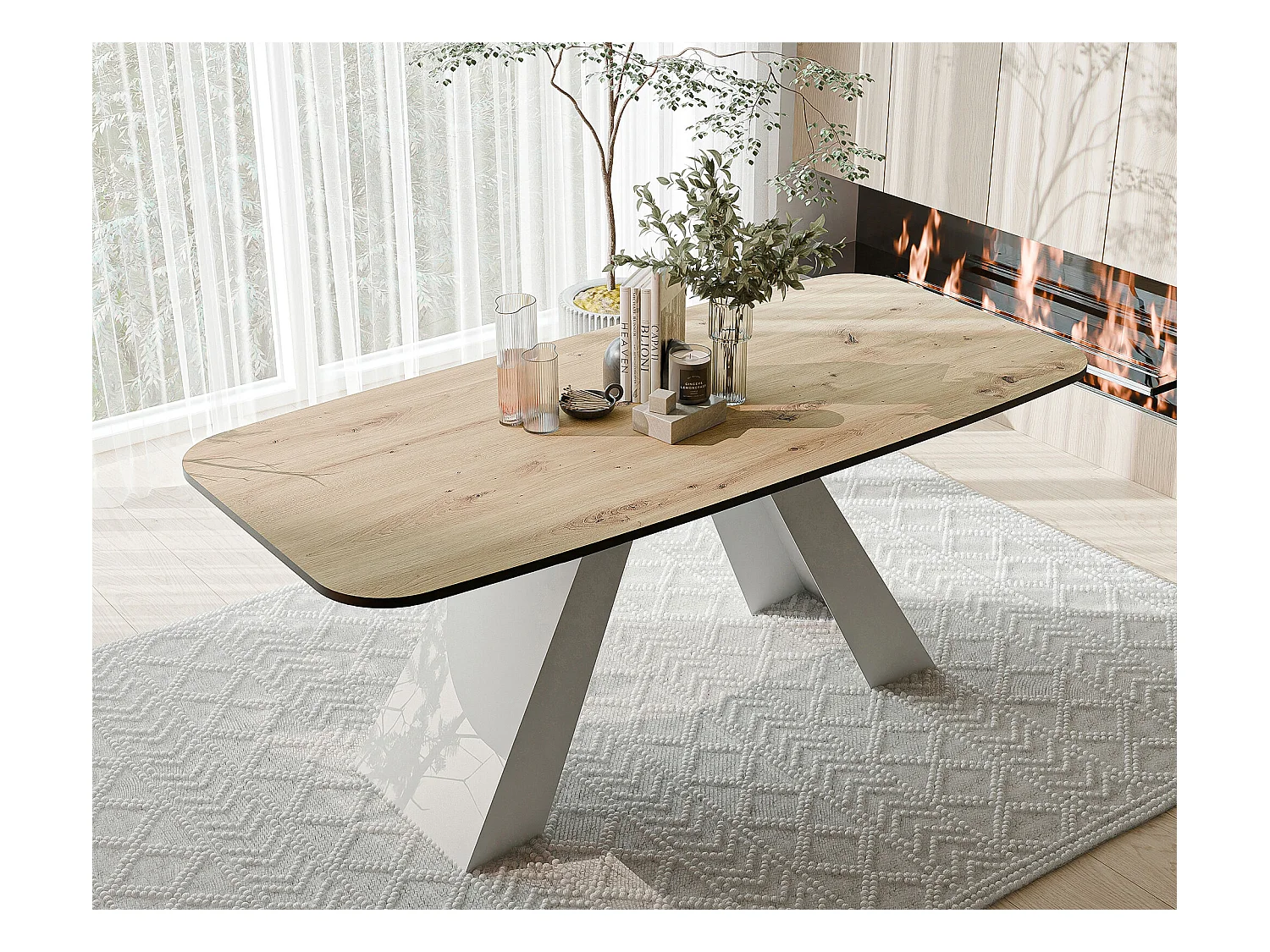 Table à manger extensible 180/218 en MDF, pieds en métal blanc, chêne artisanal