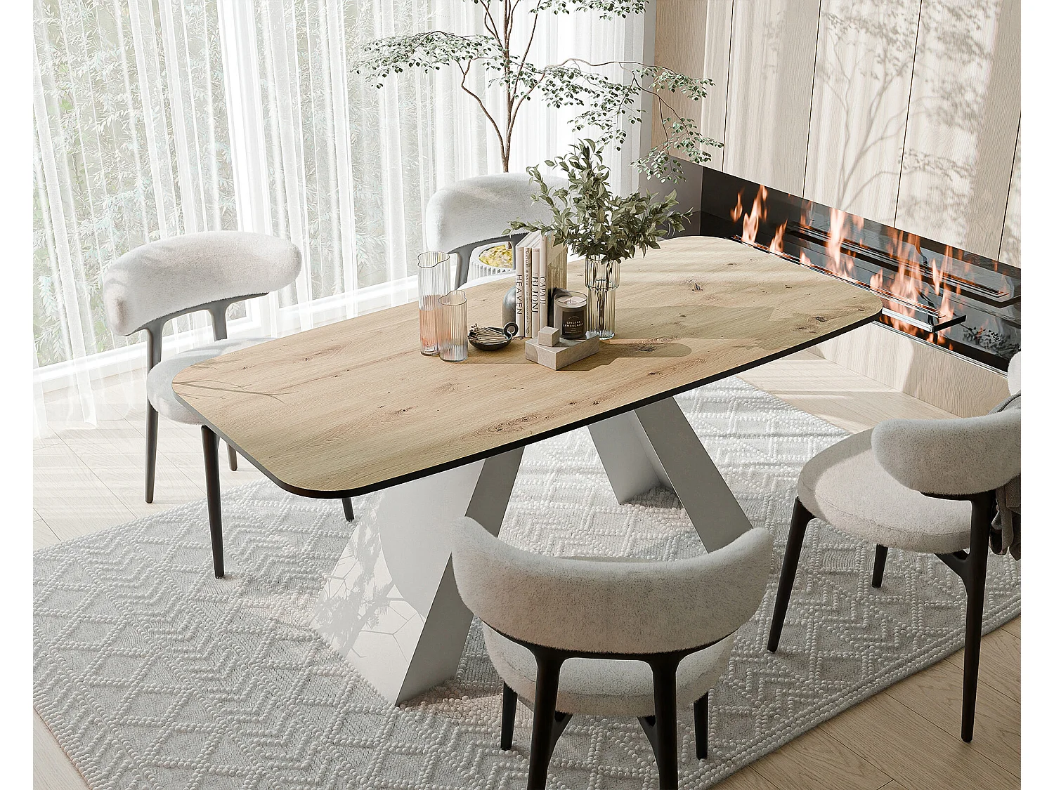 Table à manger extensible 180/218 en MDF, pieds en métal blanc, chêne artisanal