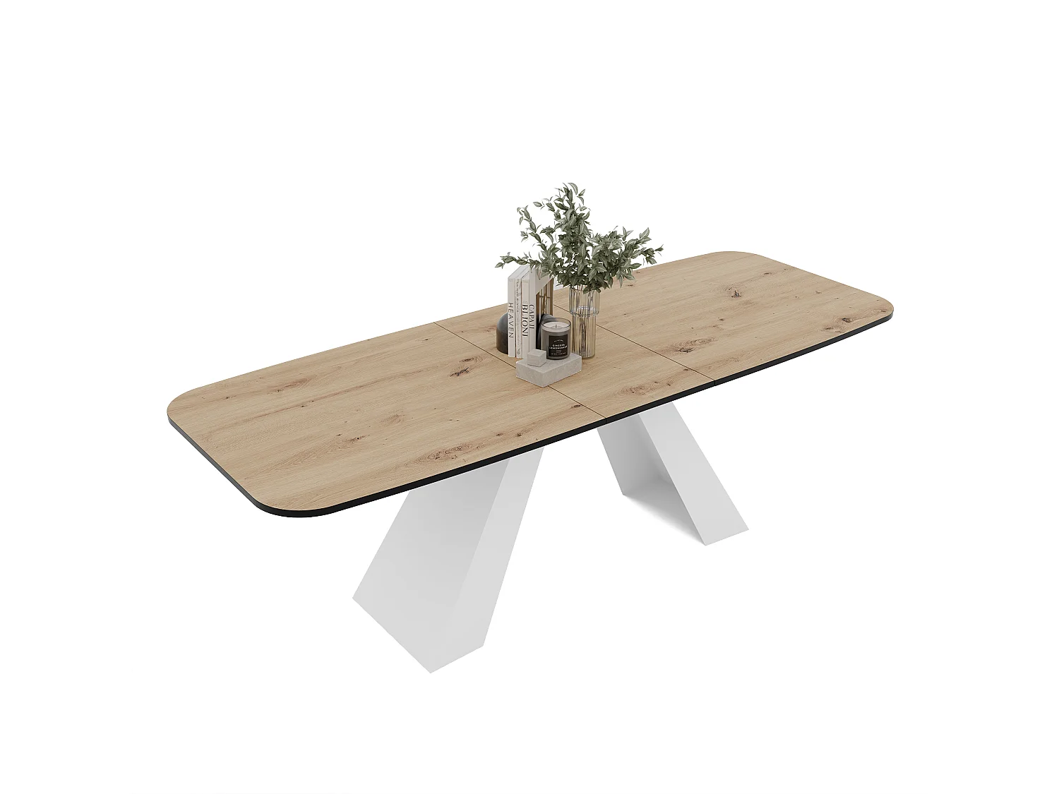 Table à manger extensible 180/218 en MDF, pieds en métal blanc, chêne artisanal