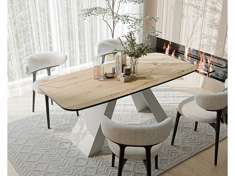 Table à manger extensible 180/218 en MDF, pieds en métal blanc, chêne artisanal