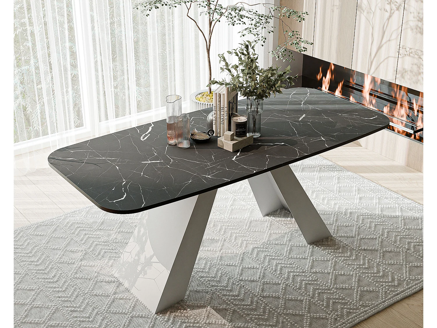 Table à manger extensible 180/218 en MDF, pieds en métal blanc, grigia pietra