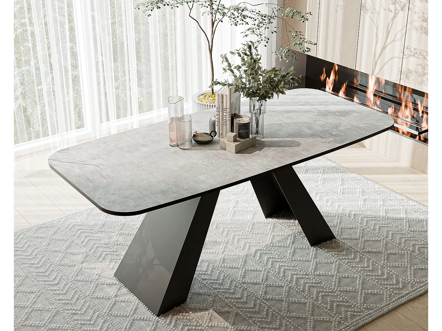 Table à manger extensible 180/218 en MDF, pieds en métal noir, bellato gris