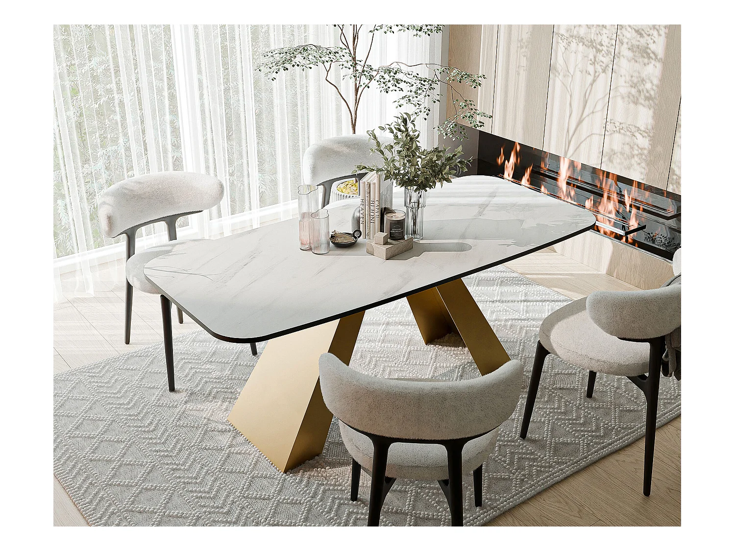 Table à manger extensible 160/198 en MDF, pieds en métal doré, marbre bianco