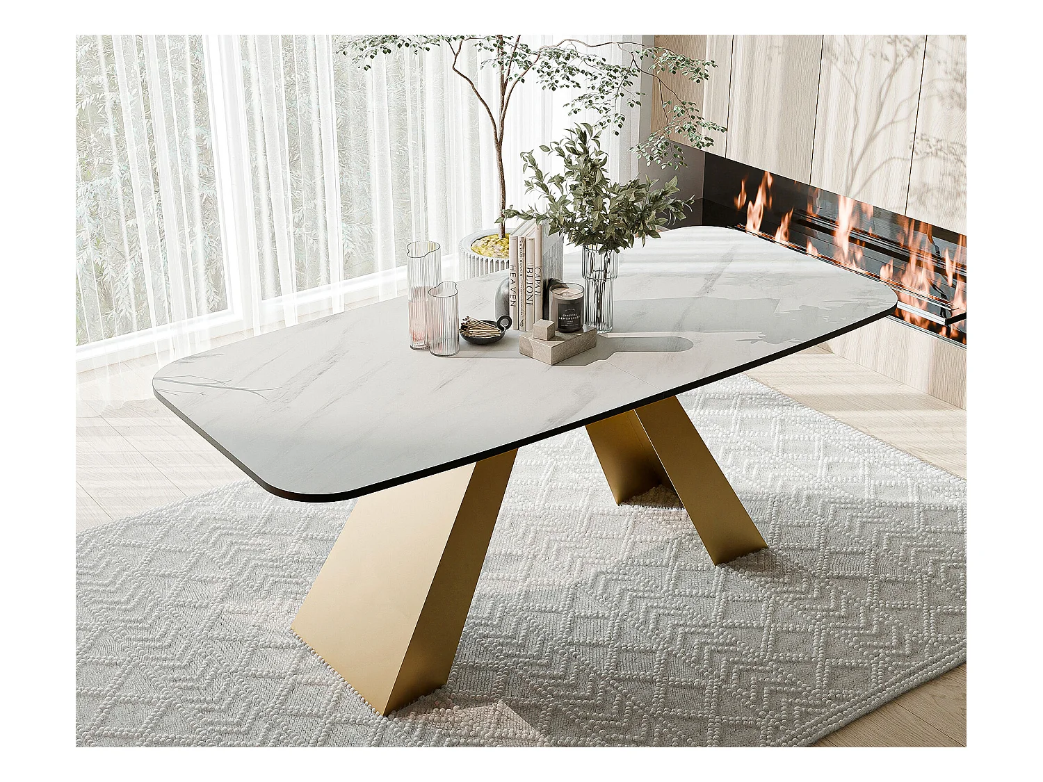 Table à manger extensible 160/198 en MDF, pieds en métal doré, marbre bianco