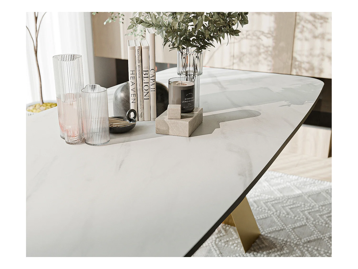 Table à manger extensible 160/198 en MDF, pieds en métal doré, marbre bianco