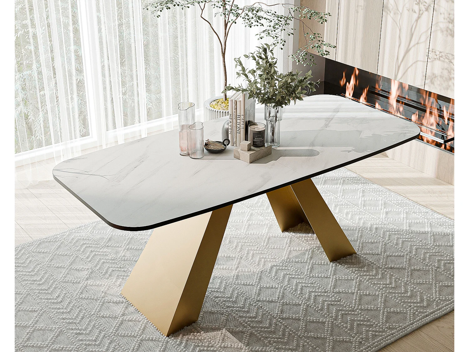 Table à manger extensible 160/198 en MDF, pieds en métal doré, marbre bianco