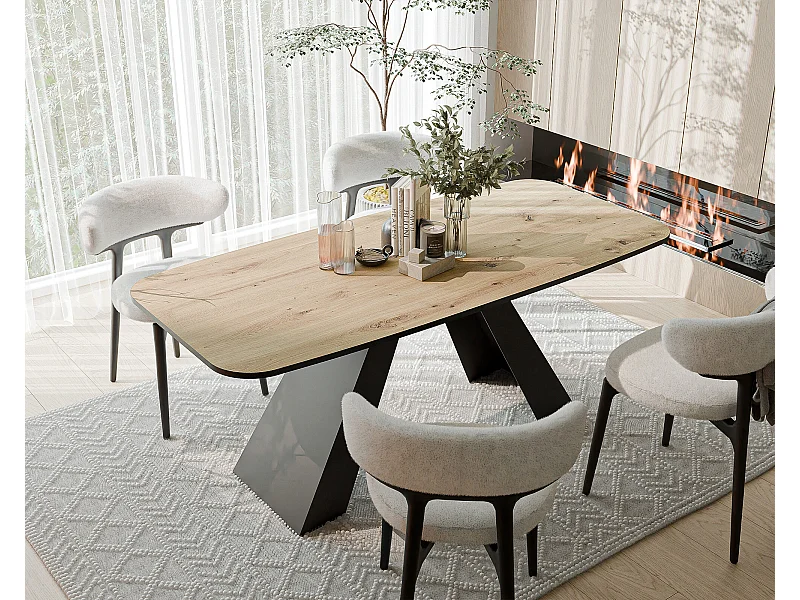 Table à manger extensible 180/218 en MDF, pieds en métal noir, chêne artisanal