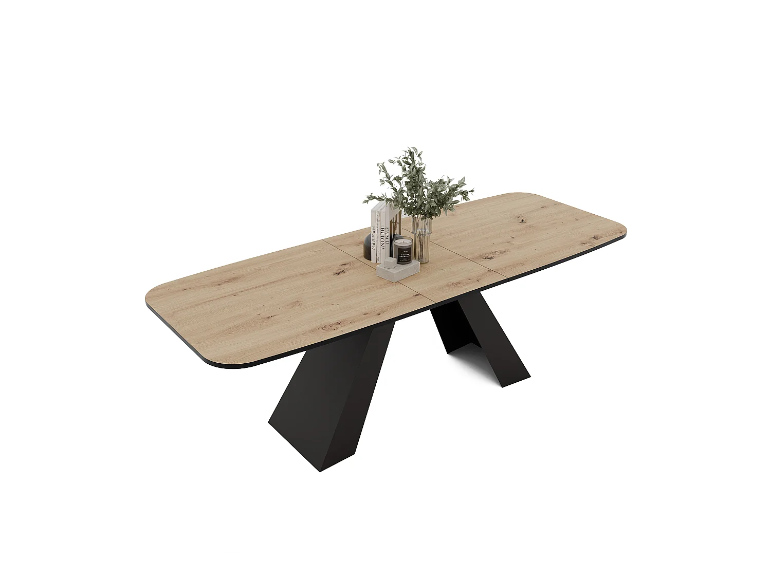 Table à manger extensible 180/218 en MDF, pieds en métal noir, chêne artisanal