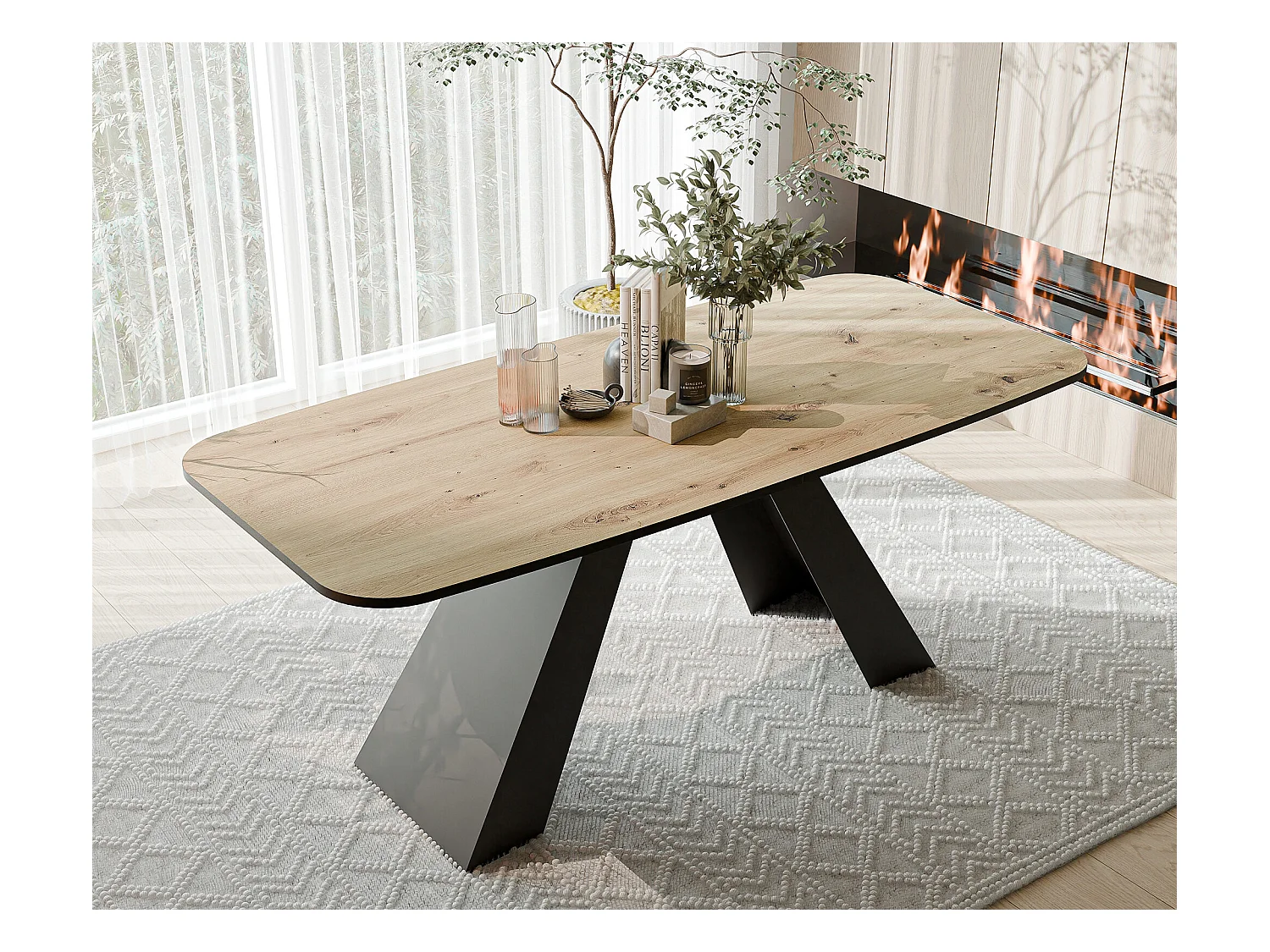 Table à manger extensible 180/218 en MDF, pieds en métal noir, chêne artisanal