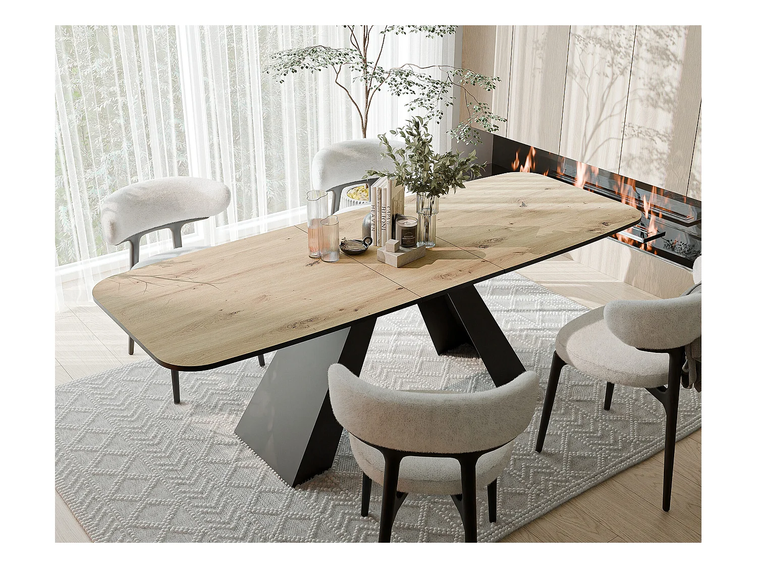 Table à manger extensible 180/218 en MDF, pieds en métal noir, chêne artisanal