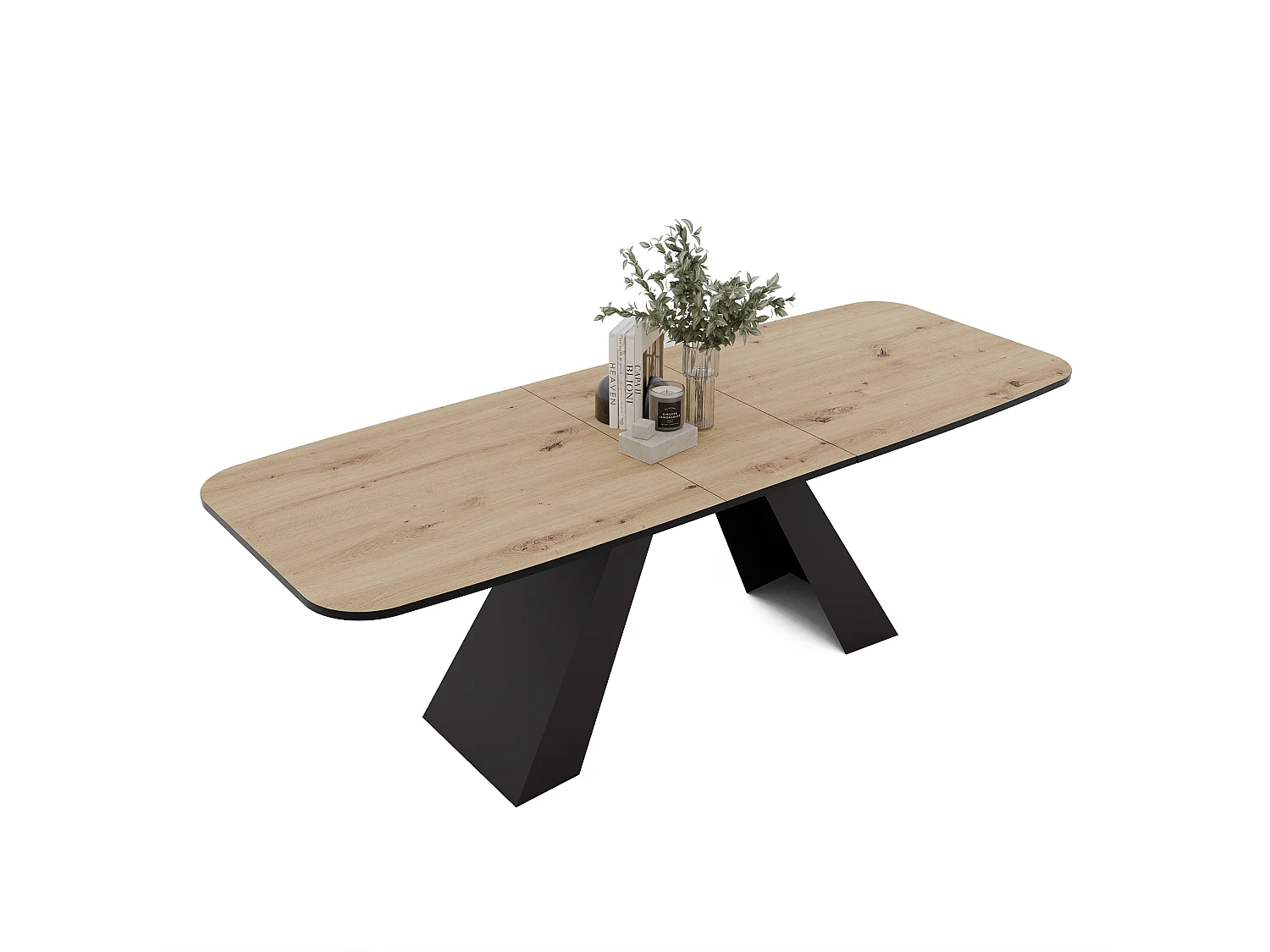 Table à manger extensible 180/218 en MDF, pieds en métal noir, chêne artisanal