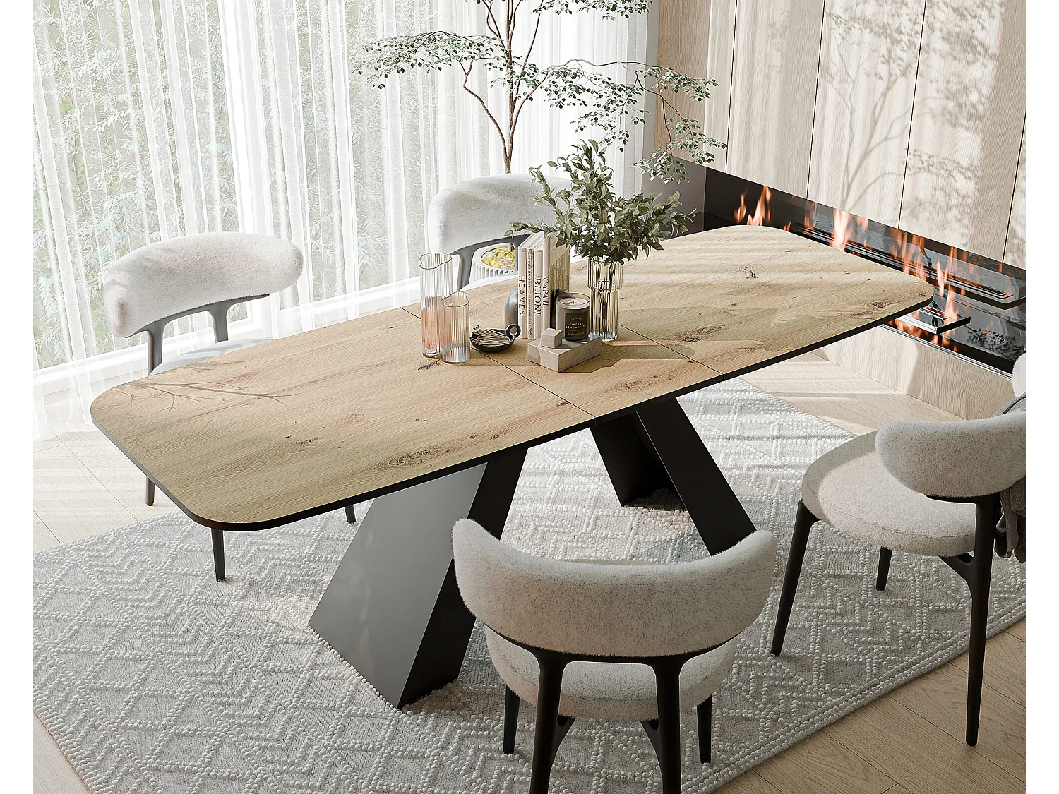 Table à manger extensible 180/218 en MDF, pieds en métal noir, chêne artisanal