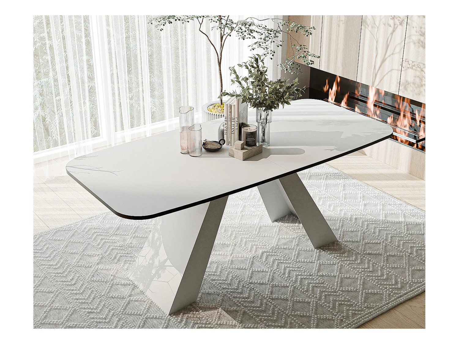 Table à manger extensible 160/198 en MDF, pieds en métal blanc, blanc arctique