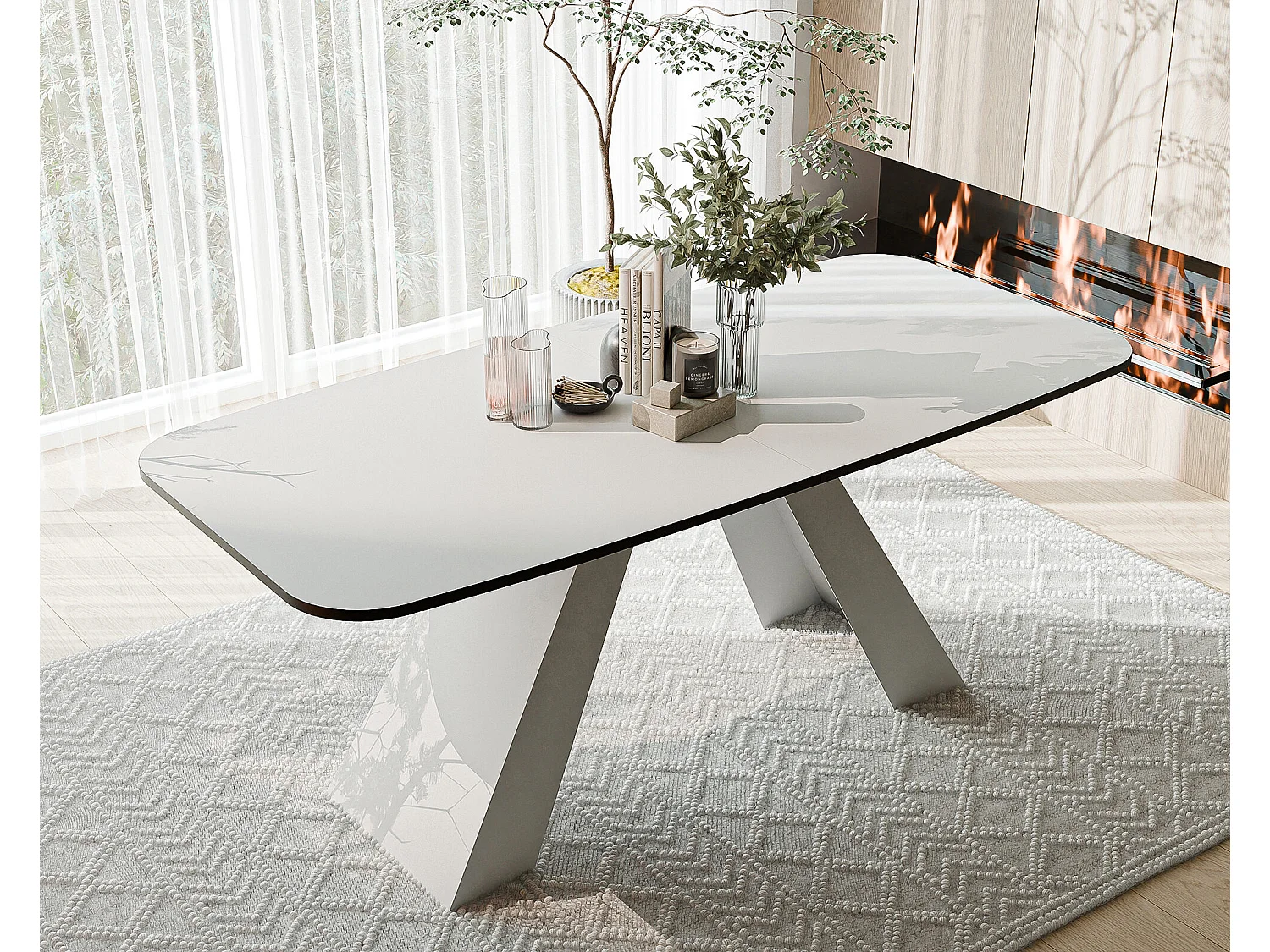 Table à manger extensible 160/198 en MDF, pieds en métal blanc, blanc arctique