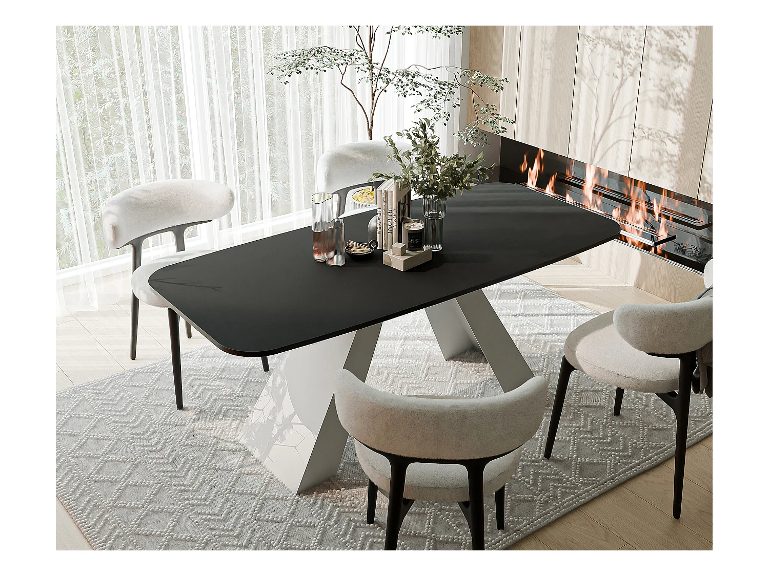 Table à manger extensible 180/218 en MDF, pieds en métal blanc, molet noir