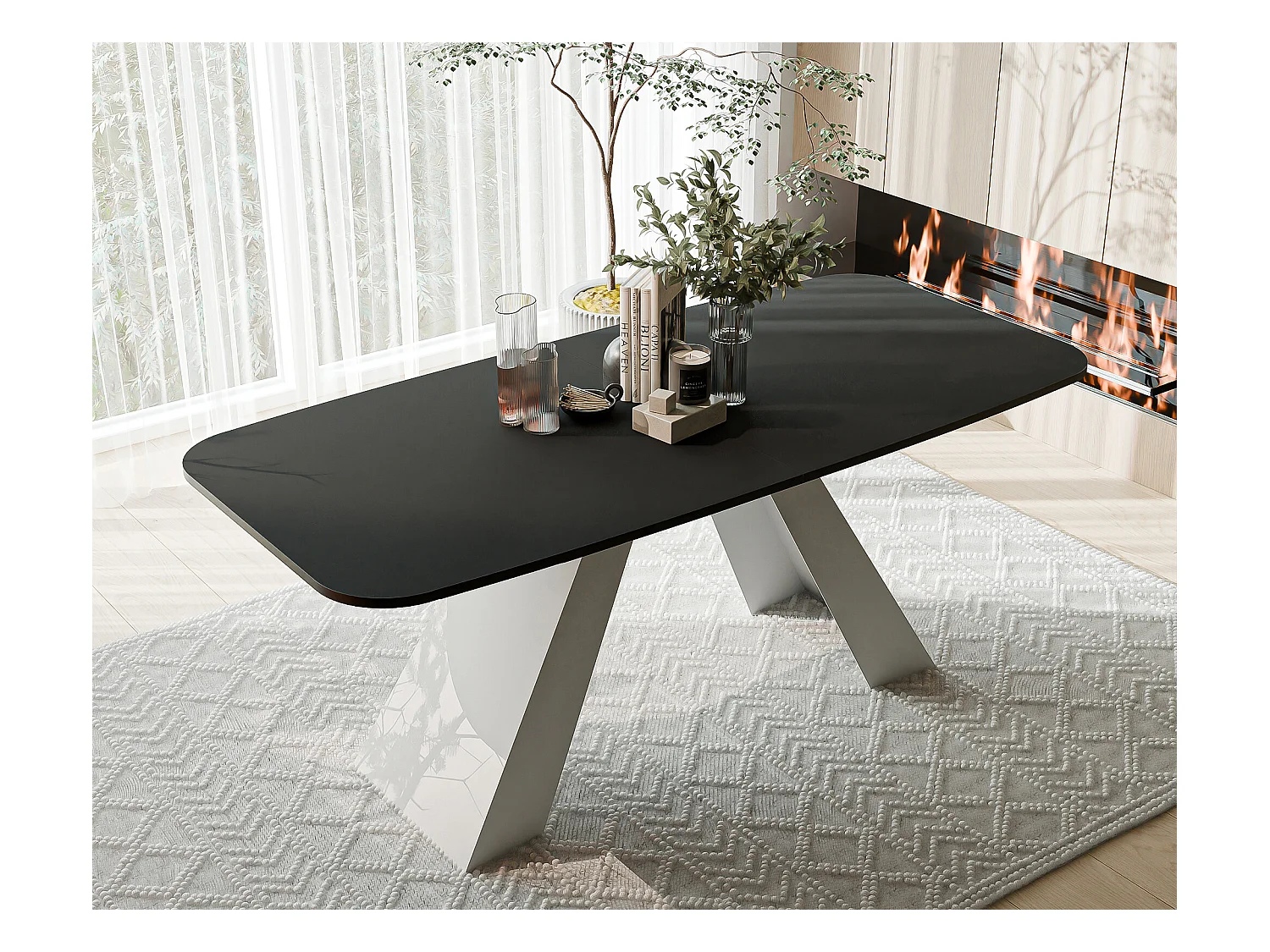 Table à manger extensible 180/218 en MDF, pieds en métal blanc, molet noir