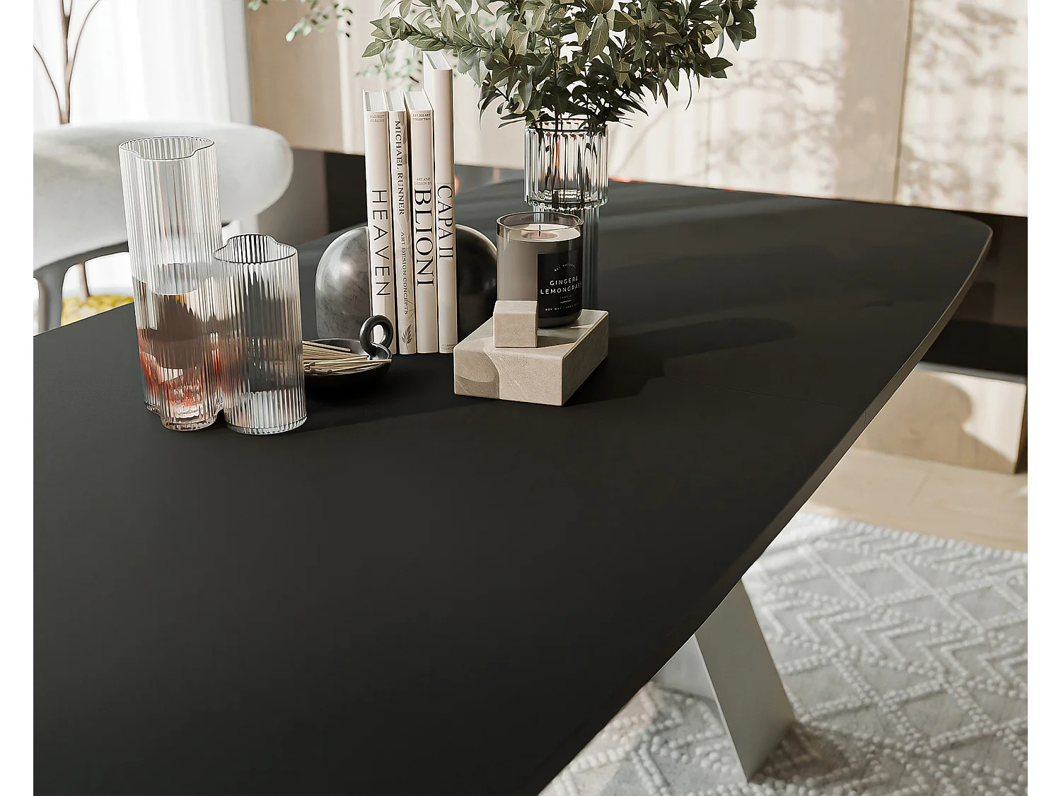 Table à manger extensible 180/218 en MDF, pieds en métal blanc, molet noir