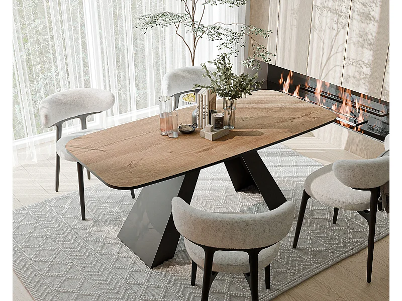 Table à manger extensible 160/198 en MDF, pieds en métal noir, chêne de Lefkas