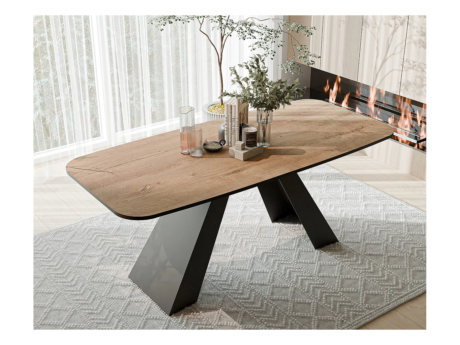 Table à manger extensible 160/198 en MDF, pieds en métal noir, chêne de Lefkas